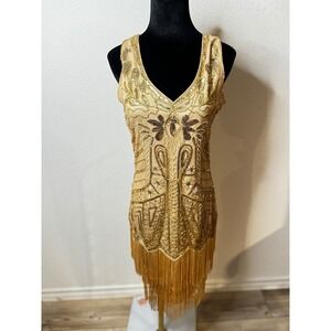 Gold Flapper Midi Dress Women's
BABEYOND S 1920s V Neck Bead Fringe